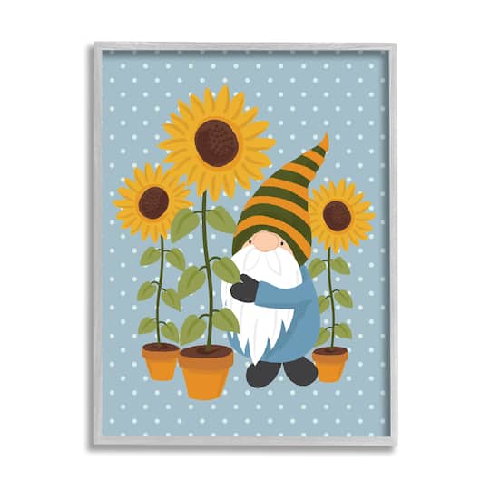 Stupell Industries Sunflower Garden Gnome Striped Hat Blue Polka Dots in Frame Wall Art